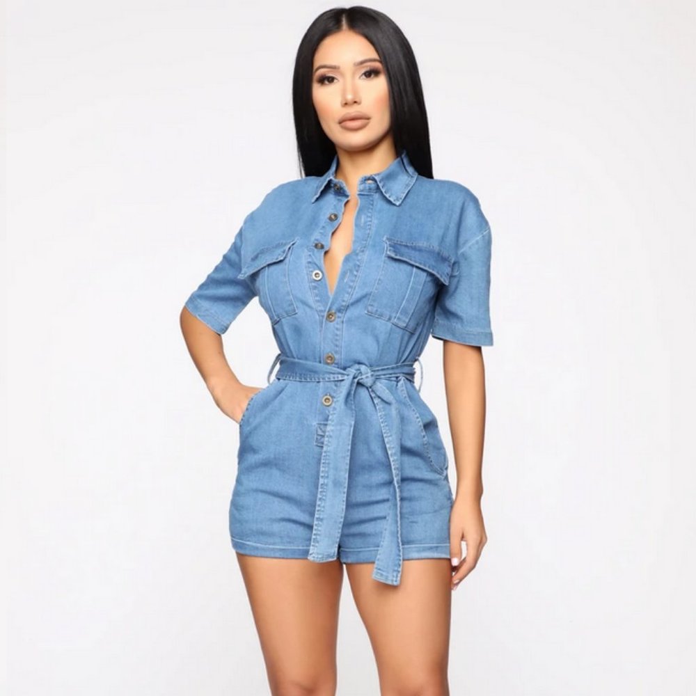 Live A Little Danger Denim Romper - Light Wash